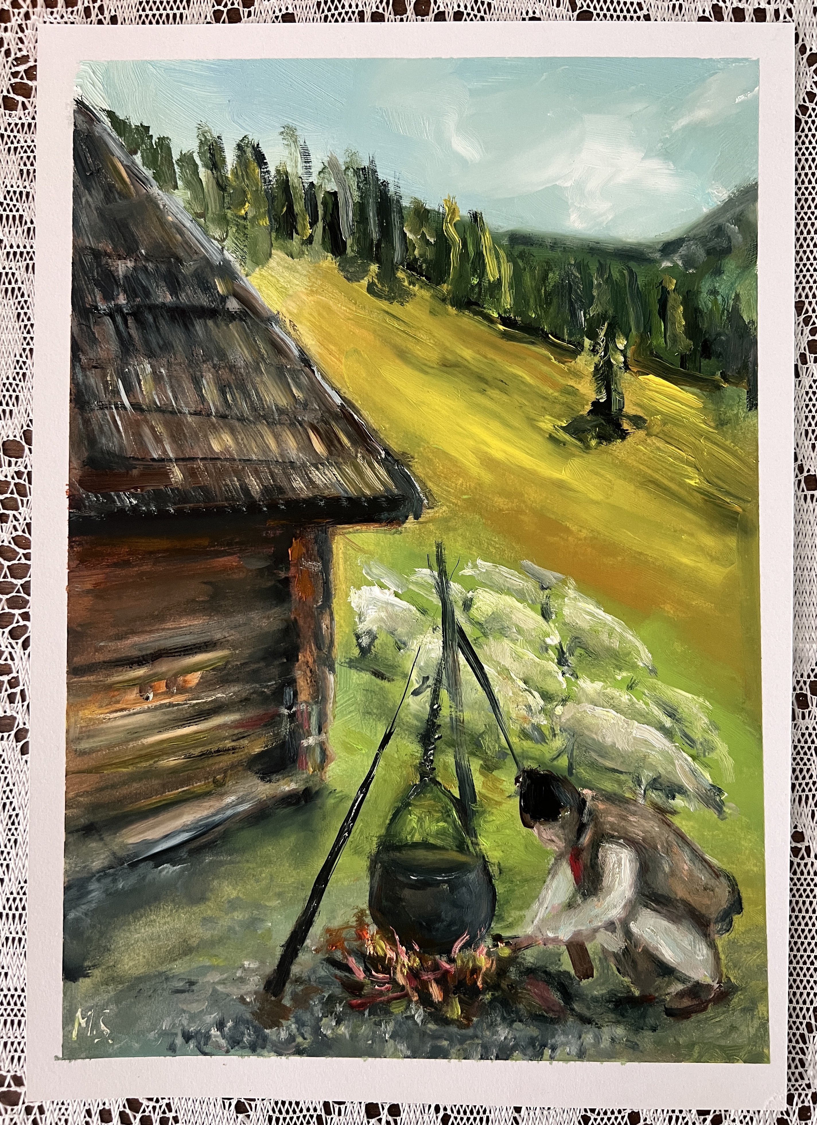 Shepherd’s Lunch. Life in the Carpathians — original painting by Marina Stognieva, oil on paper, 21 × 30 cm, 2026
